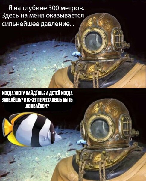Я на глубине 300 метров Здесь на меня оказывается сильнейшее давление, Я на глубине 300 метров, на меня оказывается сильнейшее давление, водолаз мем, дайвер мем, водолаз и рыбка, водолаз в старом скафандре мем, аквалангист мем, аквалингист и рыбка мем, комикс с рыбкой и аквалангистом, wanna try drugs, откуда мем с аквалангистом и рыбкой, откуда мем с водолазом и рыбкой