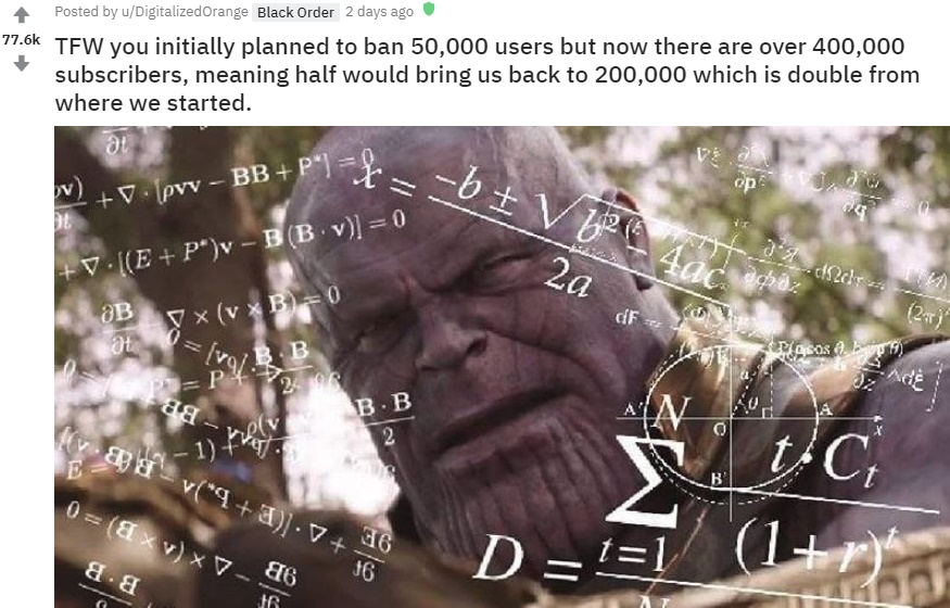 r/thanosdidnothingwrong забанил половину участников r/thanosdidnothingwrong забанил половину участников