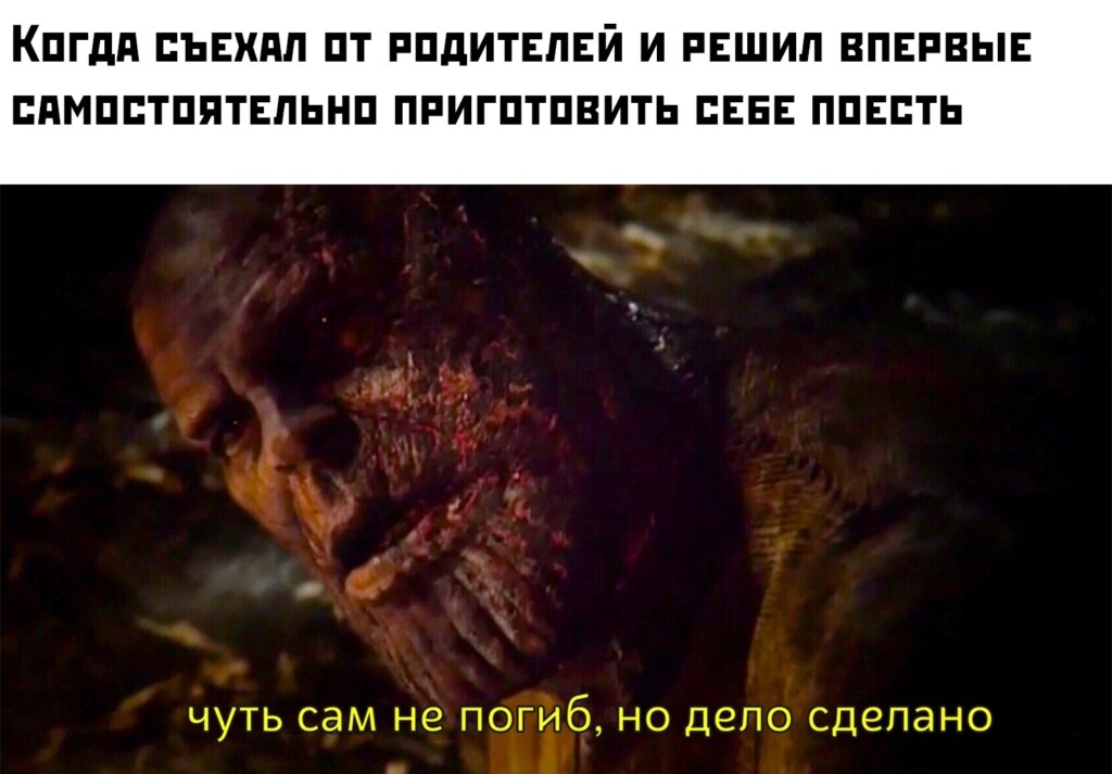 Чуть сам не погиб но дело сделано - мем с Таносом