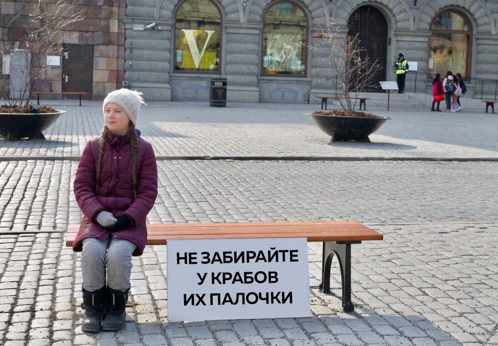 Не забирайте у крабов их палочки Грета Тунберг с плакатом