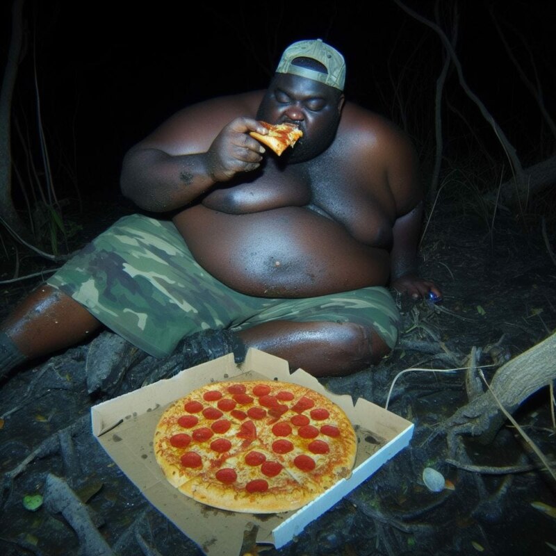 Толстяк ест пиццу и бьет аллигатора (Fat man eats pizza and kicks an alligator) Толстяк ест пиццу и бьет аллигатора (Fat man eats pizza and kicks an alligator)