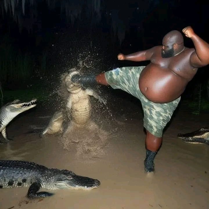Толстяк ест пиццу и бьет аллигатора (Fat man eats pizza and kicks an alligator) Толстяк ест пиццу и бьет аллигатора (Fat man eats pizza and kicks an alligator)