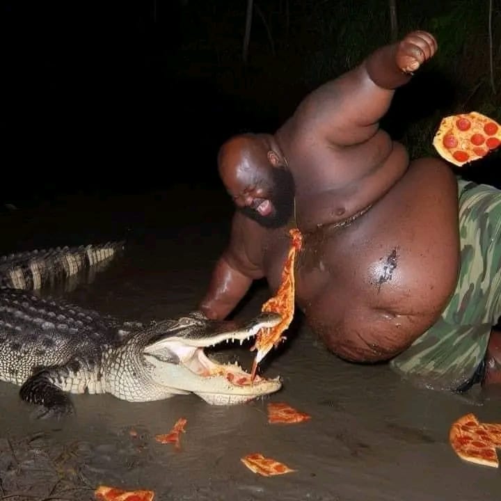 Толстяк ест пиццу и бьет аллигатора (Fat man eats pizza and kicks an alligator) Толстяк ест пиццу и бьет аллигатора (Fat man eats pizza and kicks an alligator)